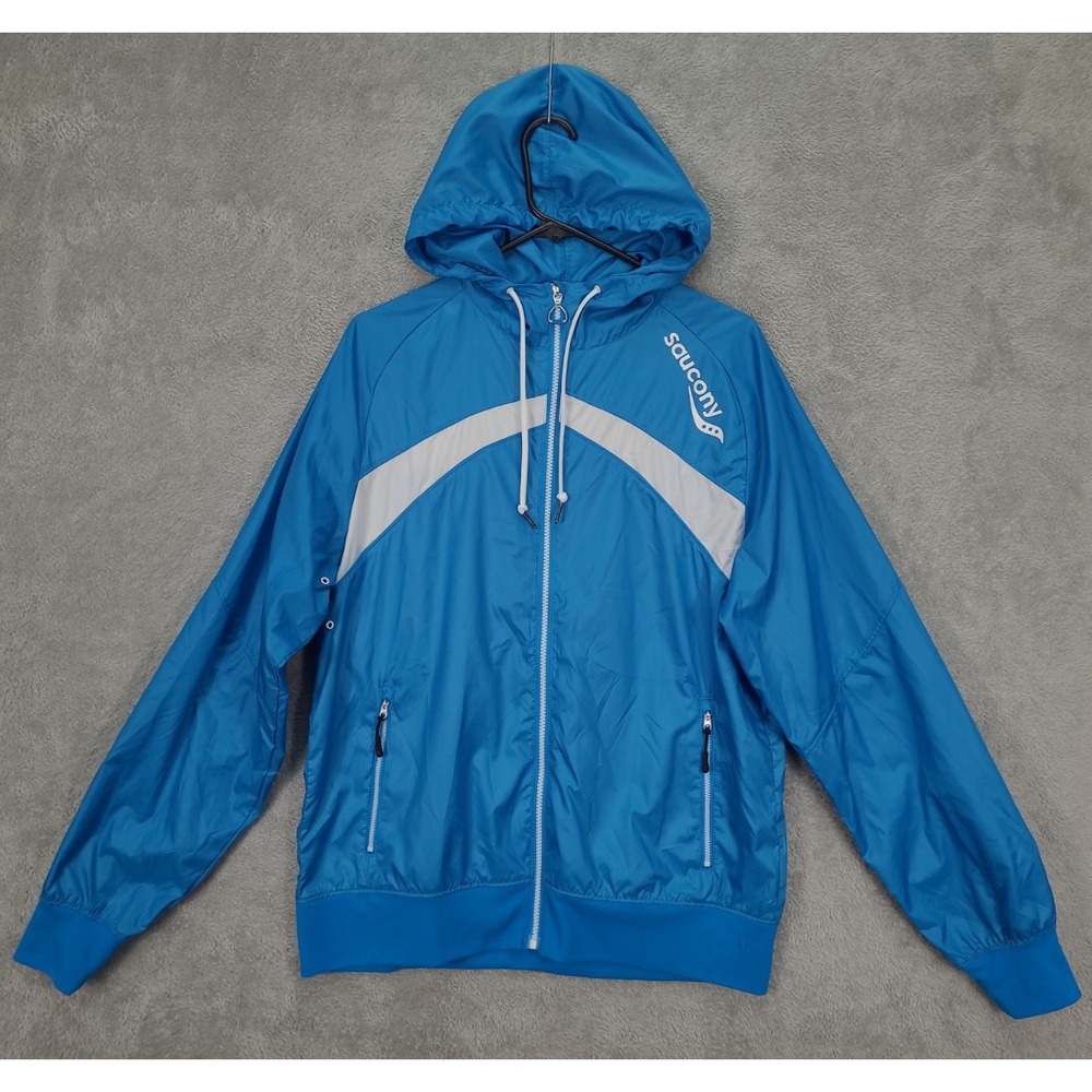 Saucony Running Hooded Windbreaker Sz Med Blue Full Zip